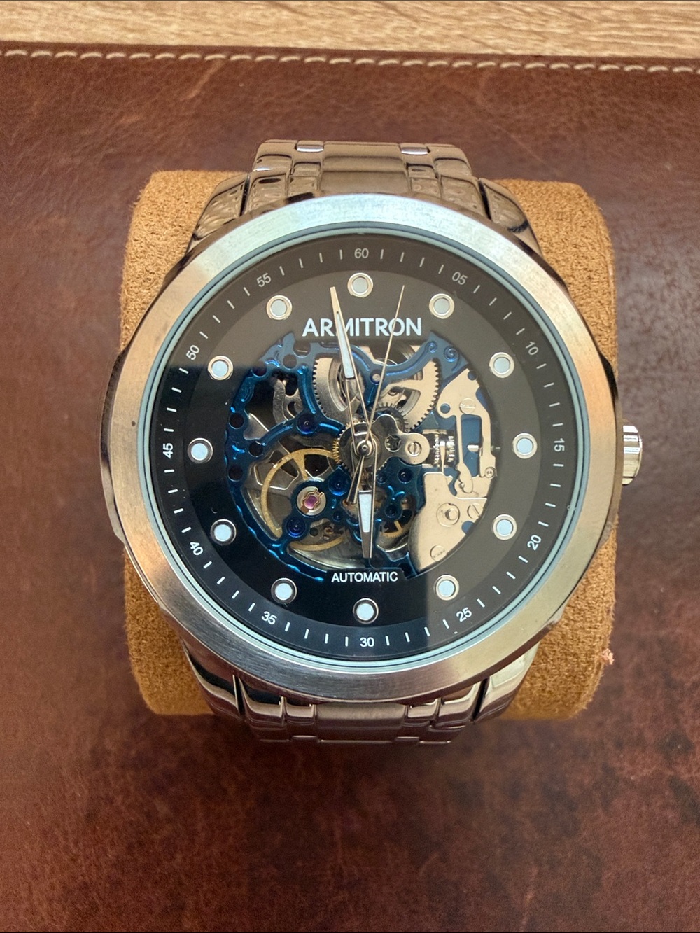 Armitron Silver Watch with Black Dial and Blue Accents